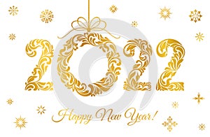 Happy New Year 2022. Decorative Font made of swirls and floral elements. Golden Numbers and Christmas wreath isolated on a white b