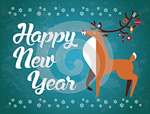 Happy New Year! Deer with Christmas toys on the horns. New Year card.