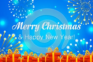 Happy New Year design on blue shiny background. Merry Christmas