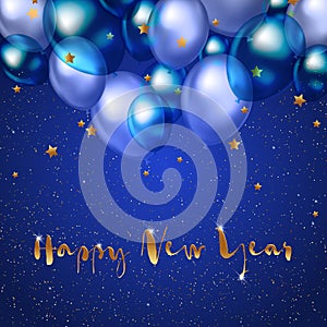 Happy new year design with festive balloons and golden text