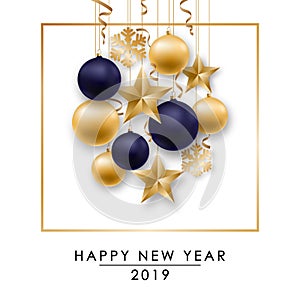 Happy New Year design with shiny golden and blue balls and confetti.