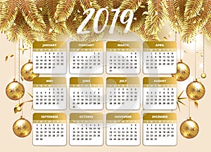 2019 Happy new year design wallpaper with calendar planner. Gold and pink color with Christmas tree celebrate background