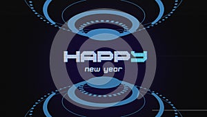 Happy New Year on digital screen with HUD elements