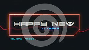Happy New Year on digital screen with HUD elements and grid