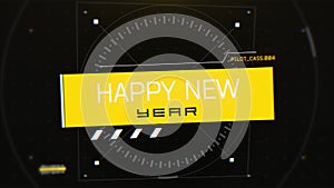 Happy New Year on digital screen with HUD elements and neon circles