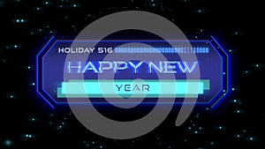 Happy New Year on digital screen with HUD elements and neon glitters