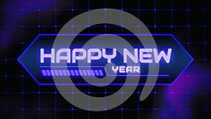 Happy New Year on digital screen with HUD elements and neon grid