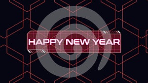 Happy New Year on digital screen with HUD elements and neon grid