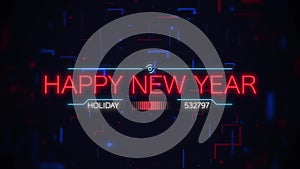 Happy New Year on digital screen with HUD elements and neon lines