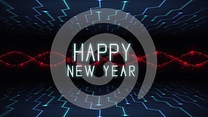 Happy New Year on digital screen with HUD elements and neon lines