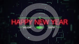 Happy New Year on digital screen with HUD elements and neon lines