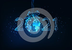 Happy New Year digital web banner with futuristic 2021 number and Earth globe hanging on ribbon bow