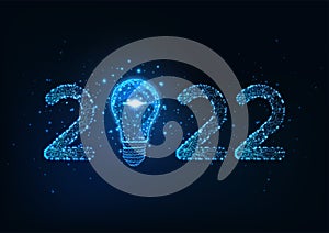 Happy New Year digital web banner template with futuristic glowing low polygonal 2022 number and light bulb