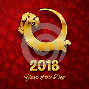 Happy new year of the dog 2018, gold text, card, postcard, vector illustration, cute funny dachshund round logo design