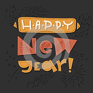 Happy New Year Doodle Lettering. Greeting Card Design on Gray Background. Vector Illustration. Make a wish