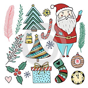 Happy New Year doodle set. Christmas cartoon stickers collection. Cute santa claus, trees, gift and other.