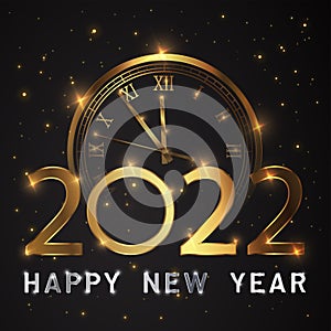Happy new 2022 year Elegant gold text with fireworks, clock and light. Minimalistic text template