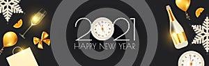 Happy New 2021 Year Elegant poster template. Festive and party design with champagne bottle and glasses. clock. bows