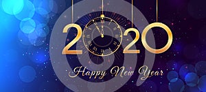 2020 Happy New Year eve text design with shiny golden numbers and vintage clock on blue background with bokeh effect, falling snow