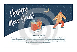 Happy New Year. Father and child sledding hills with snow. Vector postcard with space for text.