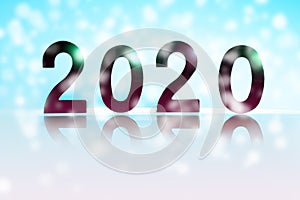 Happy New Year 2020 festive background with silhouette golden numbers and Christmas decorations on vintage aqua color