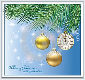 Happy New Year 2023. Festive decoration with Christmas balls and clock on fir branches. Decorative background design for winter ho