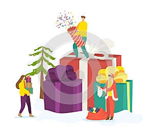 Happy new year, festive party for holiday concept, vector illustration. Cartoon man woman character at christmas
