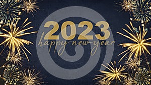 HAPPY NEW YEAR 2023 - Festive silvester New Year`s Eve Party background greeting card - Golden fireworks in the dark blue night