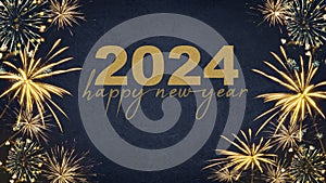 HAPPY NEW YEAR 2024 - Festive silvester New Year`s Eve Party background greeting card - Golden fireworks in the dark blue night photo