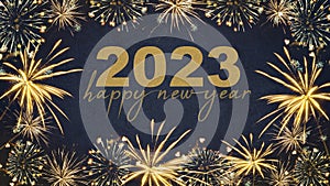 HAPPY NEW YEAR 2023 - Festive silvester New Year`s Eve Party background greeting card - Golden fireworks in the dark blue night