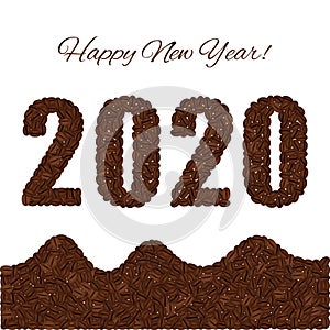 Happy New Year. Figures 2020 created from coffee beans isolated on a white background. Below three waves of coffee beans