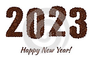 Happy New Year. Figures 2023 created from coffee beans isolated on a white background