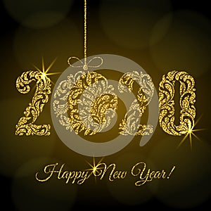 Happy New Year 2020. figures  and Christmas ball from a floral ornament with golden glitter and sparks on a dark background