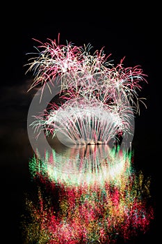 Happy New Year 2018 Firework. Beautiful colorful fireworks on the water surface with a clean black background.