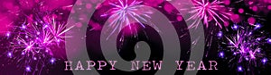 Happy new Year fireworks background banner panorama greeting card - Colorful abstract  firework with pink bokeh lights in the dark