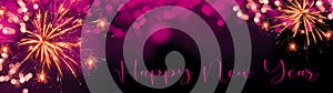 Happy new Year fireworks background banner panorama greeting card - Colorful abstract  firework with pink bokeh lights in the dark