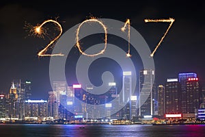 2017 Happy New Year Fireworks celebrating over Hong Kong city