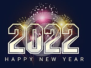 Happy New Year 2022 Fireworks On Night Sky Background.