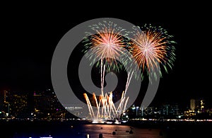 Happy new year fireworks over cityscape at night.holiday celebration festival