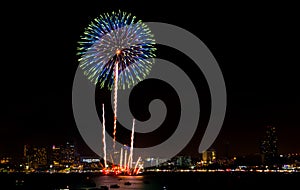 Happy new year fireworks over cityscape at night.holiday celebration festival