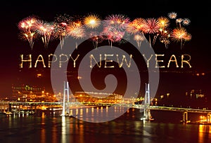 Happy New Year fireworks over Yokohama Bay Bridge  at night, Japan