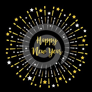 Happy New Year. Fireworks. Star sparkle set round frame. Cracker light. Golden color. Festive firecracker burst. Flat design. Gold