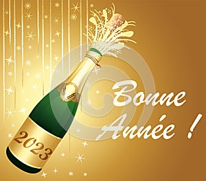 Happy new year ! French language. Golden greeting card with champagne and party decorations. Vector illustration.