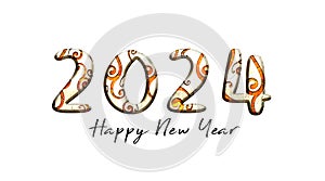 2024 Happy New Year funny embossed scroll pattern text concepts, isolated on white photo