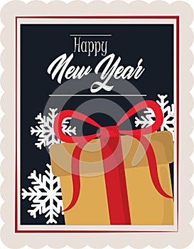 Happy new year 2021, gift box snowflakes decoration, postage stamp icon