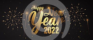 Happy New Year of glitter gold fireworks. Vector golden glittering text and 2022 numbers with sparkle shine for holiday greeting