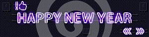 HAPPY NEW YEAR glowing purple neon lamp sign on a black electric wall
