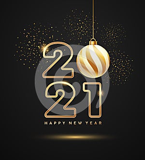 2021 Happy new year, gold ball and gold firework on black background