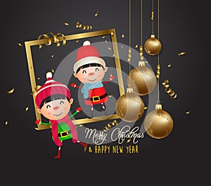 Happy new year 2020 gold and black collors place for text christmas balls and kids photo