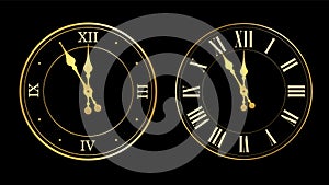 Happy New year 2020. Gold clock, arrows, isolated on black background. Golden design holiday banner, Christmas